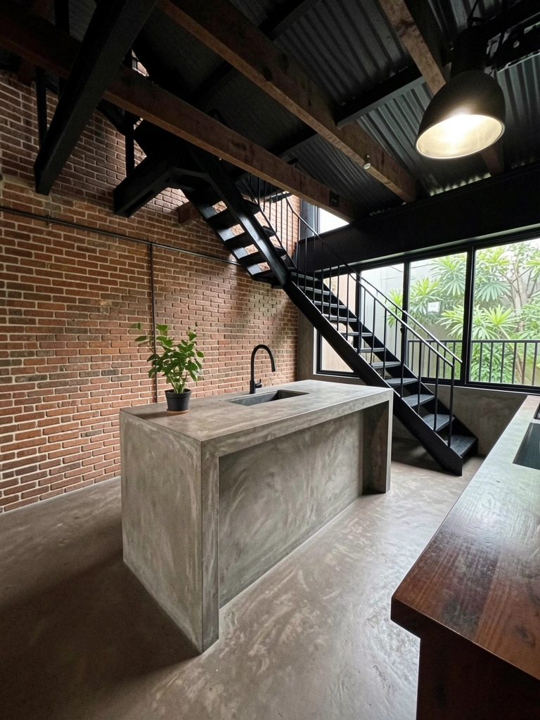 Cozinha com piso de cimento queimado e bancada de concreto, iluminação natural