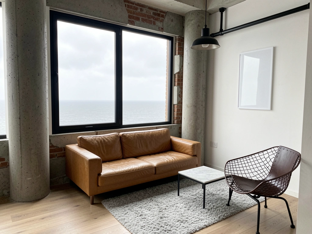 Pilares e paredes de concreto aparente em ambiente loft com iluminação natural