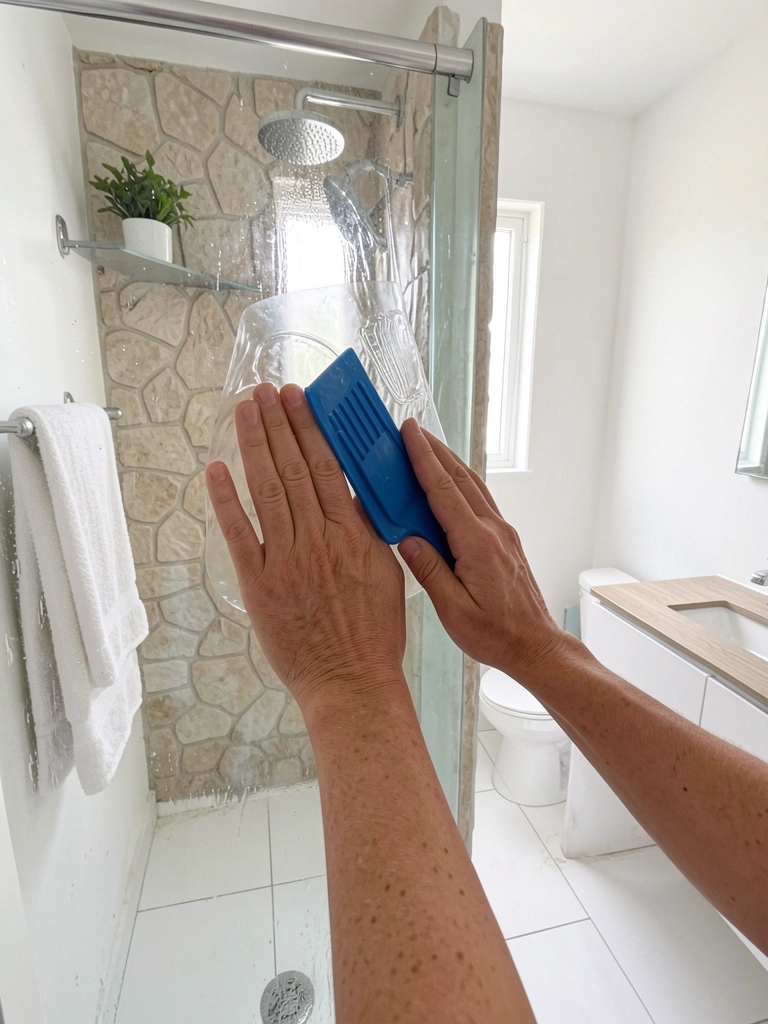 Mãos aplicando adesivo vinílico no vidro do box com espátula