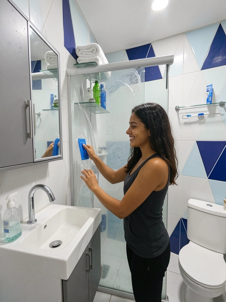 Mãos aplicando adesivo no vidro com espátula, alisando para remover bolhas.