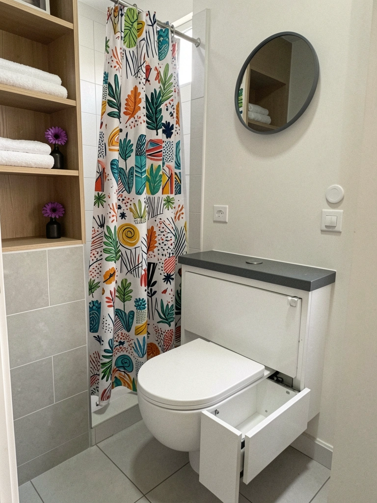 Cortinas de box coloridas com estampas autorais penduradas em um varal ao ar livre