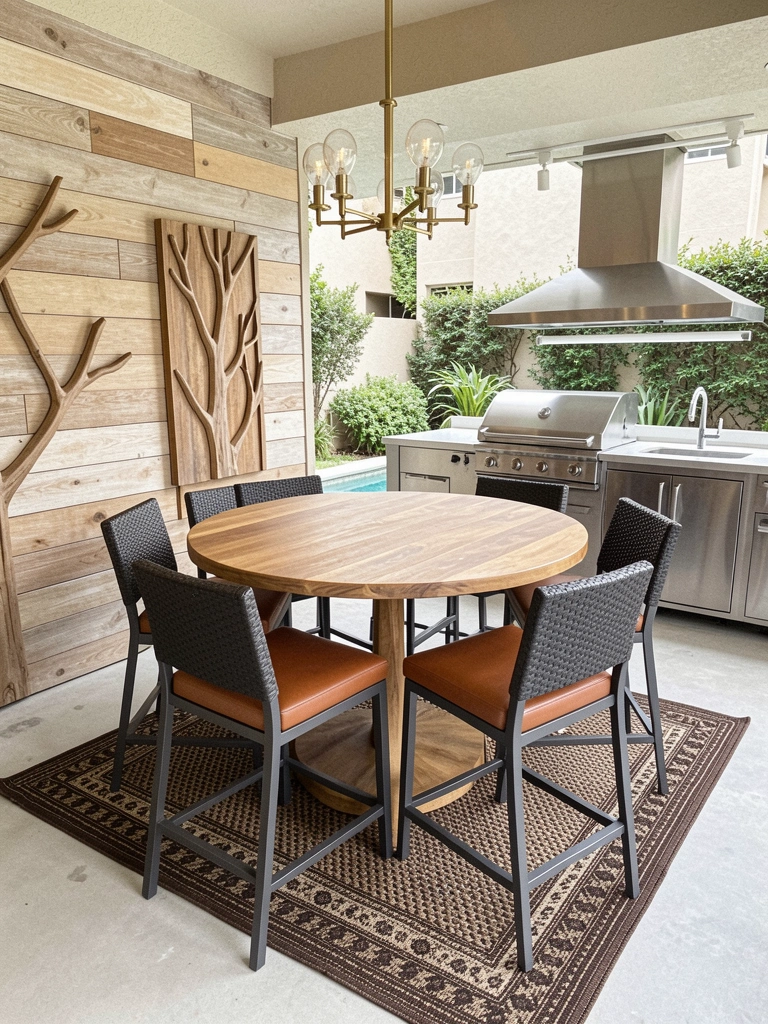 Espaço gourmet com churrasqueira, bancada de madeira e vista para jardim e piscina