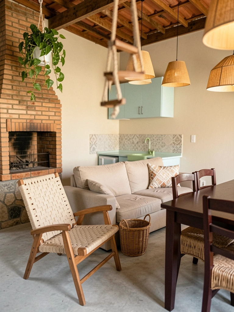 Ambiente gourmet com bancada de pedra, armários escuros e iluminação quente