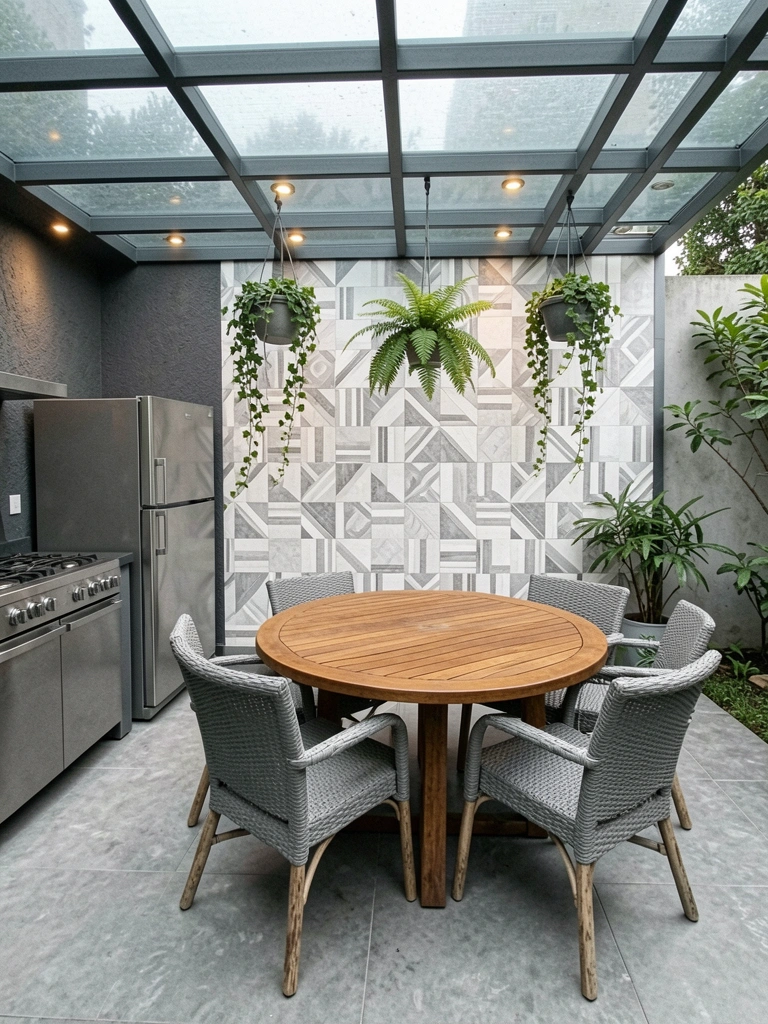 Cozinha gourmet integrada à sala e jardim, com bancada central e plantas