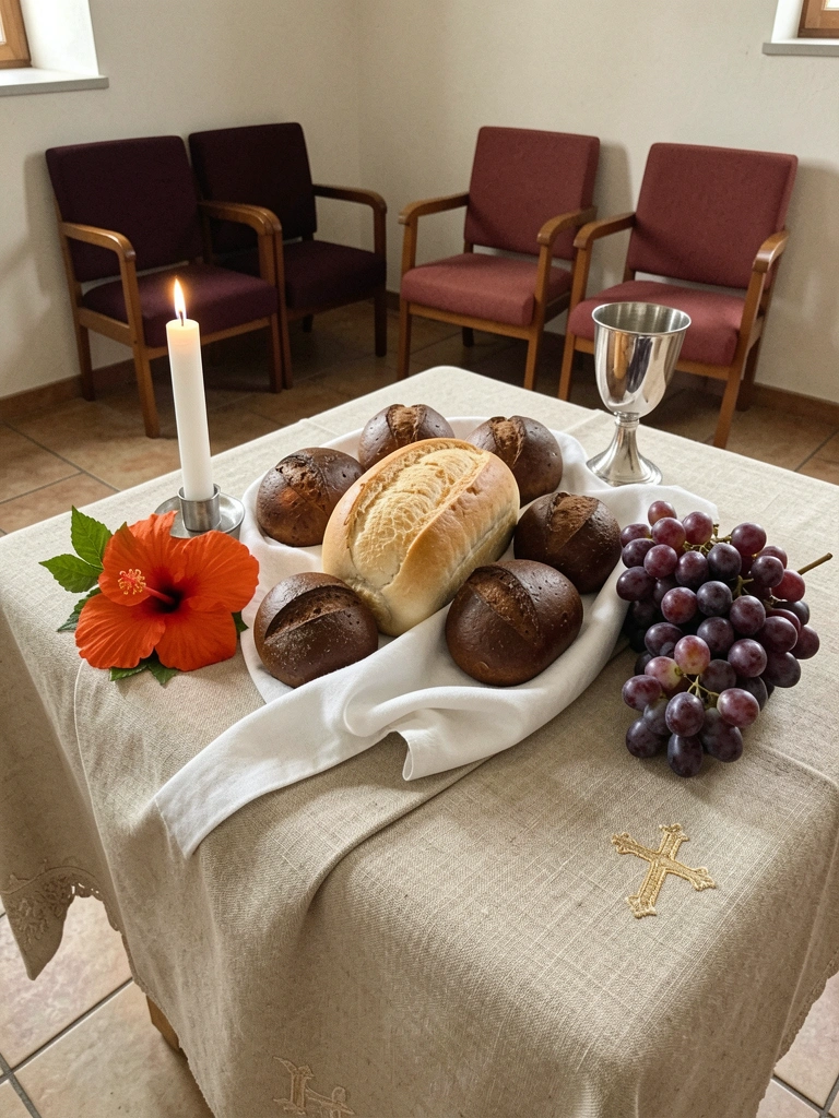 Altar com toalha de linho e vela acesa em ambiente discreto