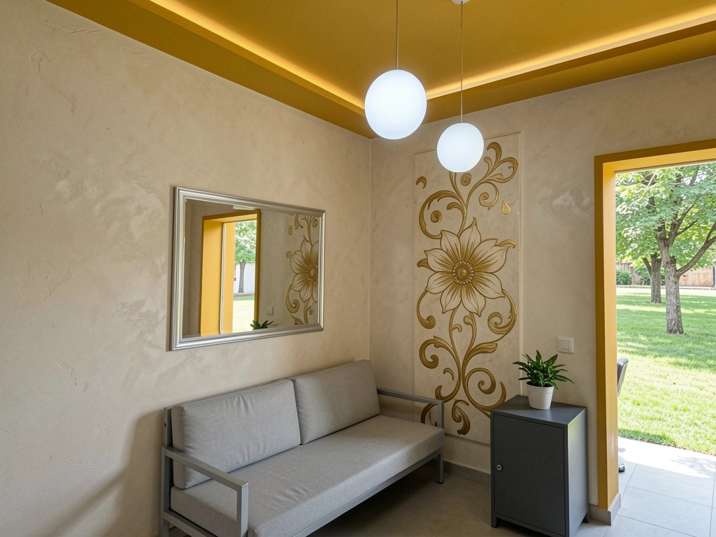 Sala pequena com sofá compacto em tons claros, espelho na parede e iluminação natural