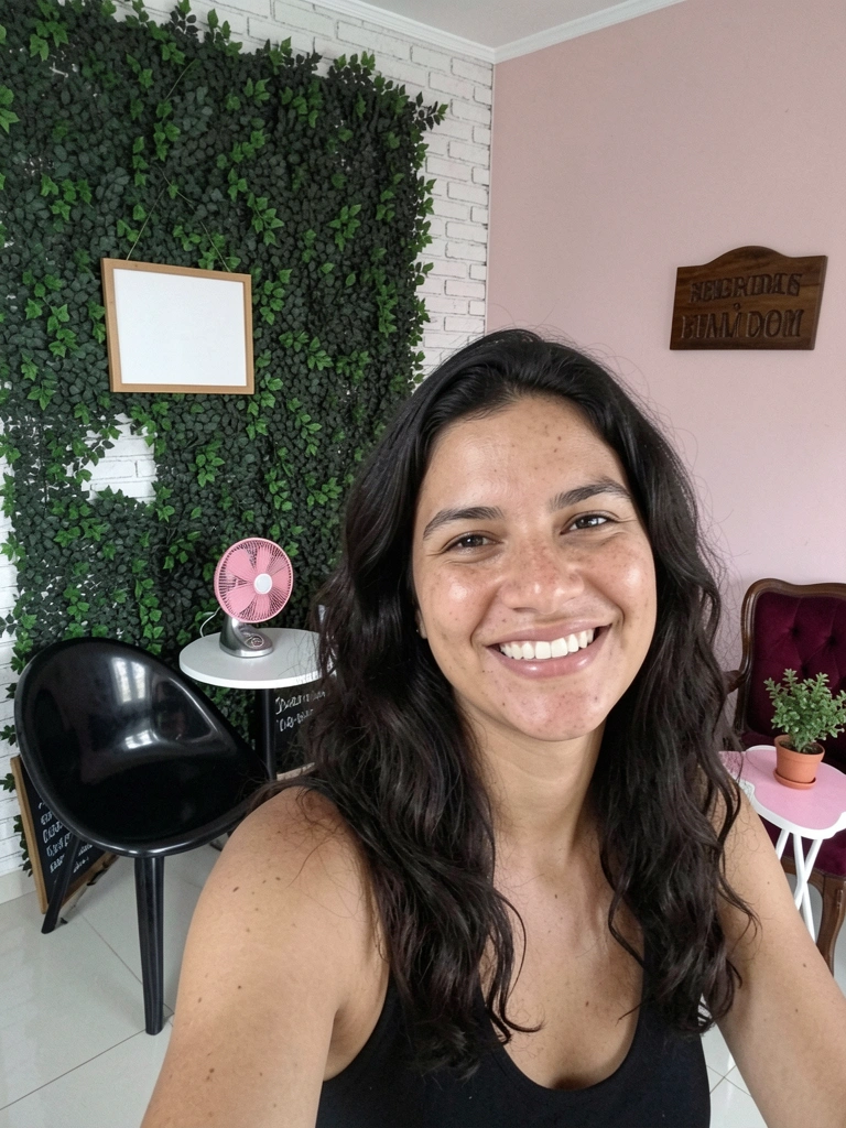 Mulher sorridente em sala pequena com plantas e decoração aconchegante