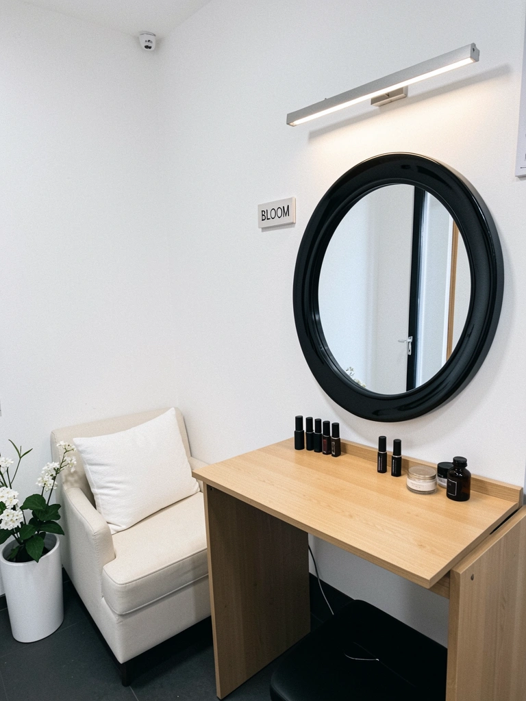 Sala pequena com paredes brancas e sofá claro em estilo minimalista