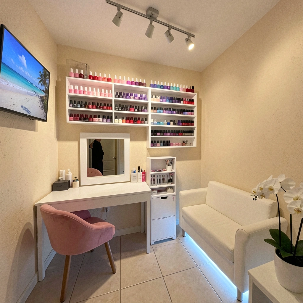 Sala compacta com fitas de LED sob o sofá e trilho de luz no teto