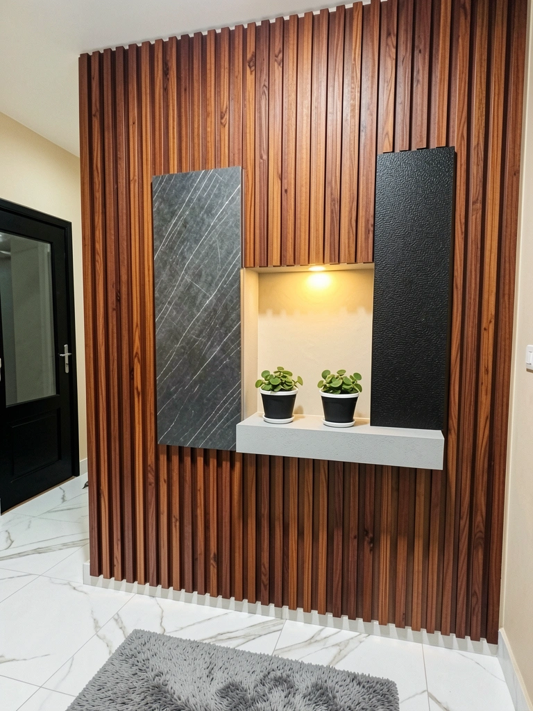 Hall de entrada amplo com parede decorada e iluminação aconchegante