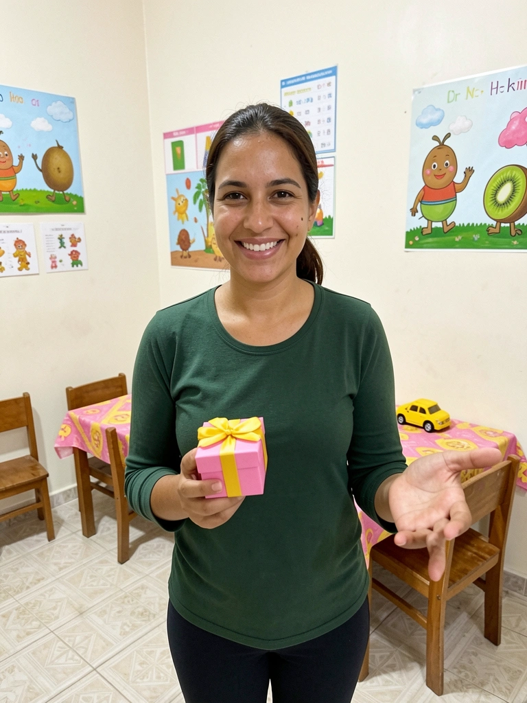 Sala de aula com cadeiras coloridas e murais decorados nas paredes