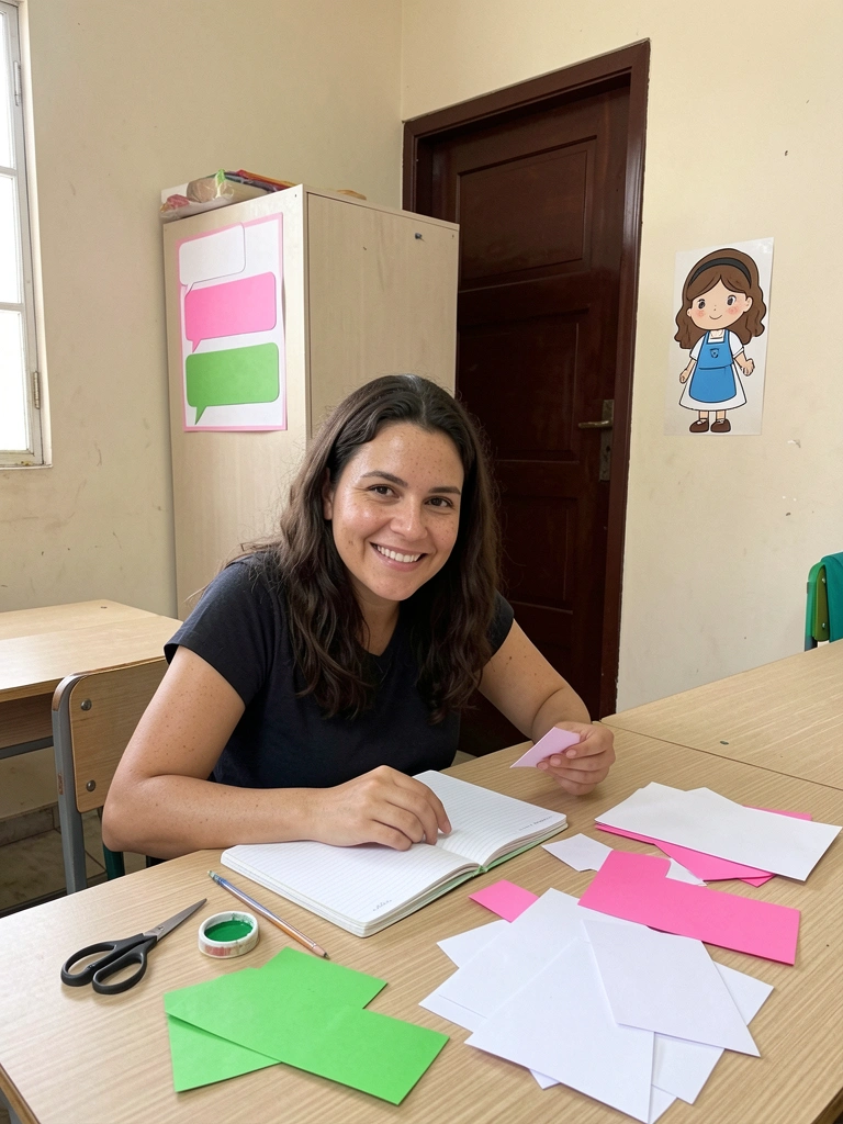 Professora com caderno e amostras de cores sobre a mesa, planejando decoração