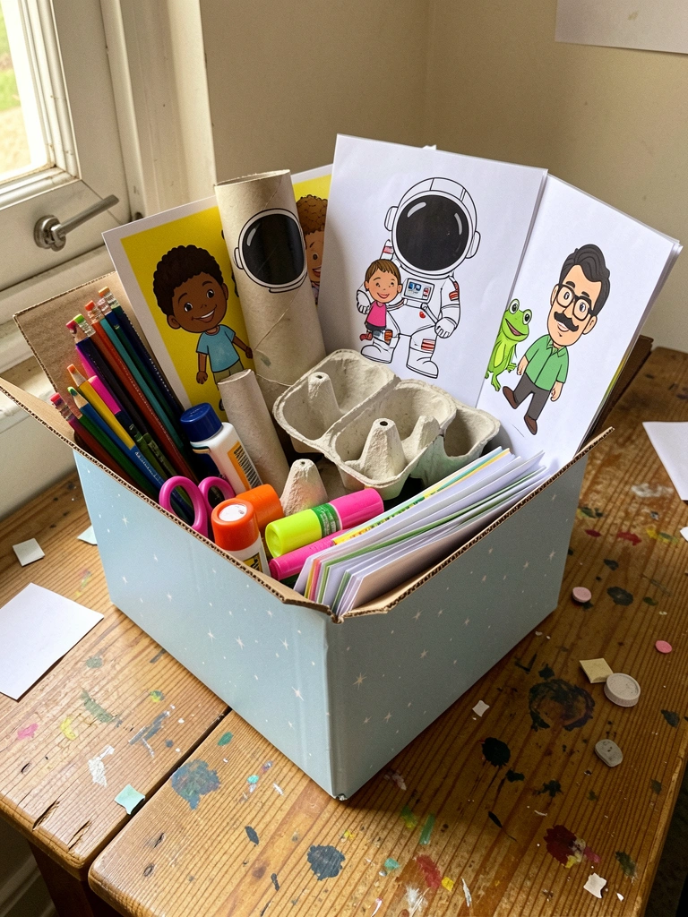 Caixa de papelão com materiais de papelaria e reciclagem sobre mesa de madeira