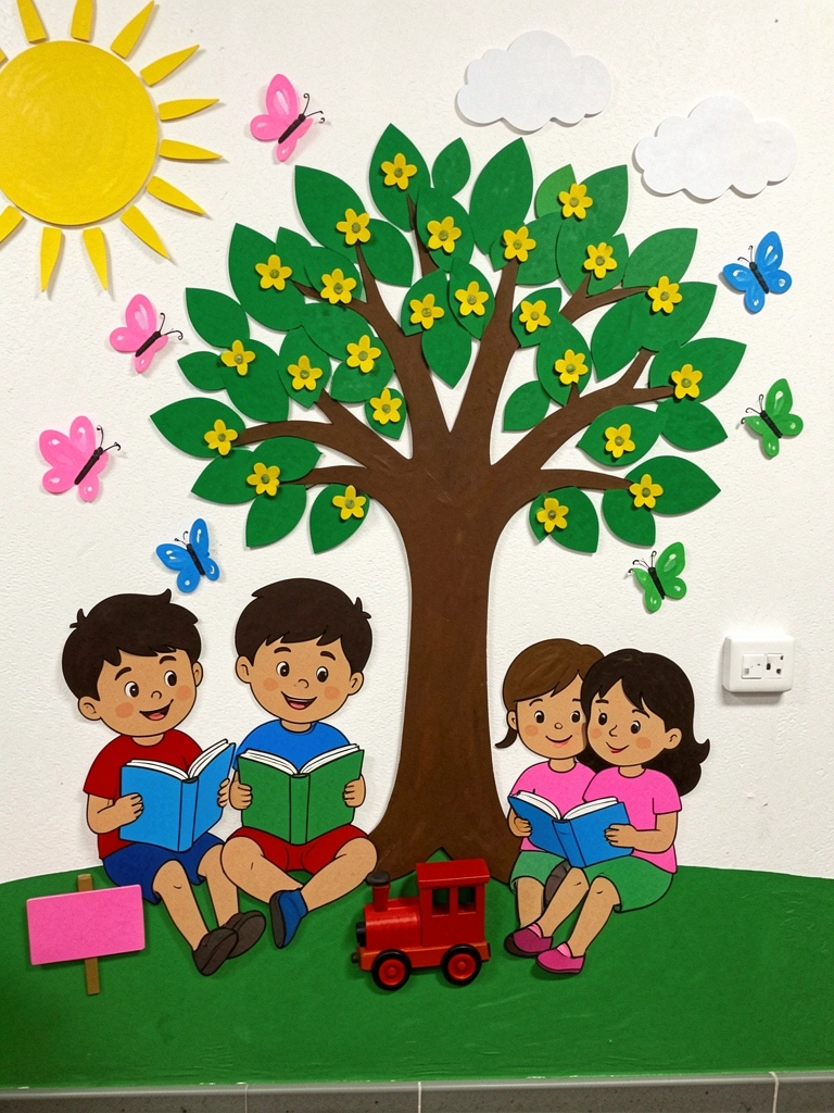 Mural de parede com tema de natureza e animais em cartolina colorida