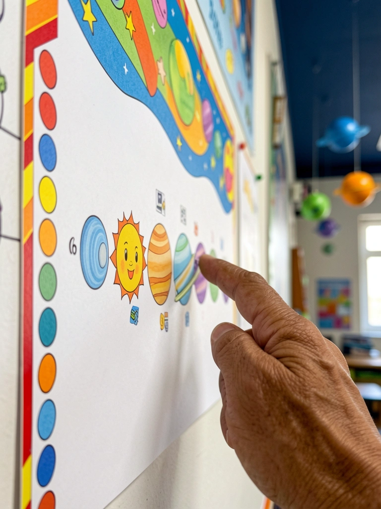 Painel do sistema solar com planetas pendurados no teto azul escuro