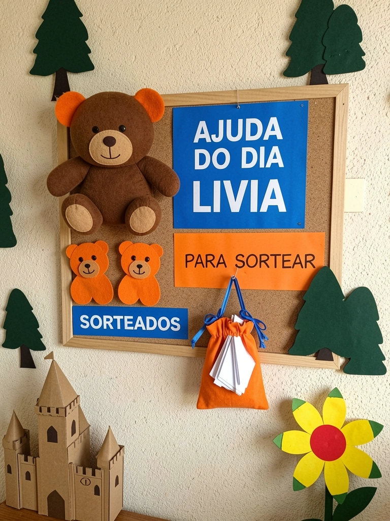 Cantinho de leitura com castelo de papelão e silhuetas de árvores na parede