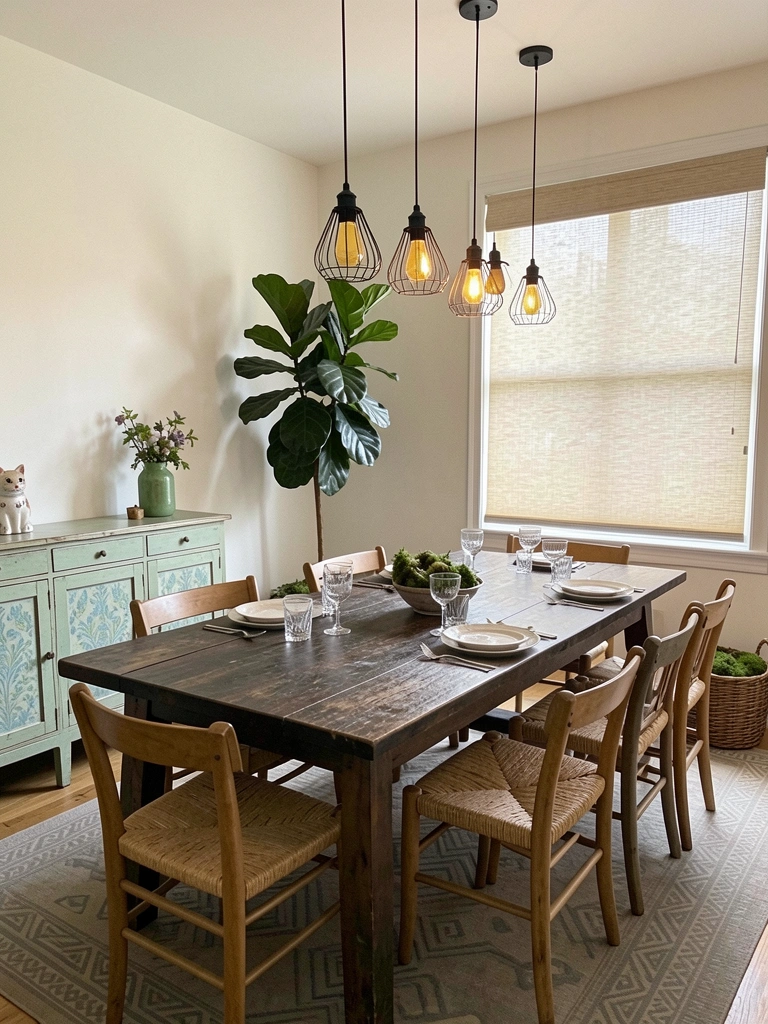 Mesa de madeira maciça com cadeiras de palha, luminária pendente de ferro e parede off-white ao fundo