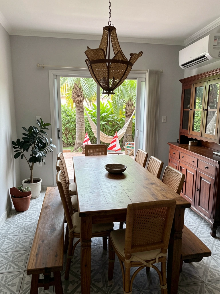 Sala de jantar rústica com mesa de madeira, bancos e aparador ao fundo