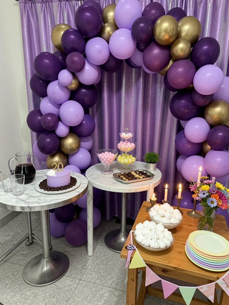 Mesa decorada com velas, flores, bandeirolas e pratos para festa em casa