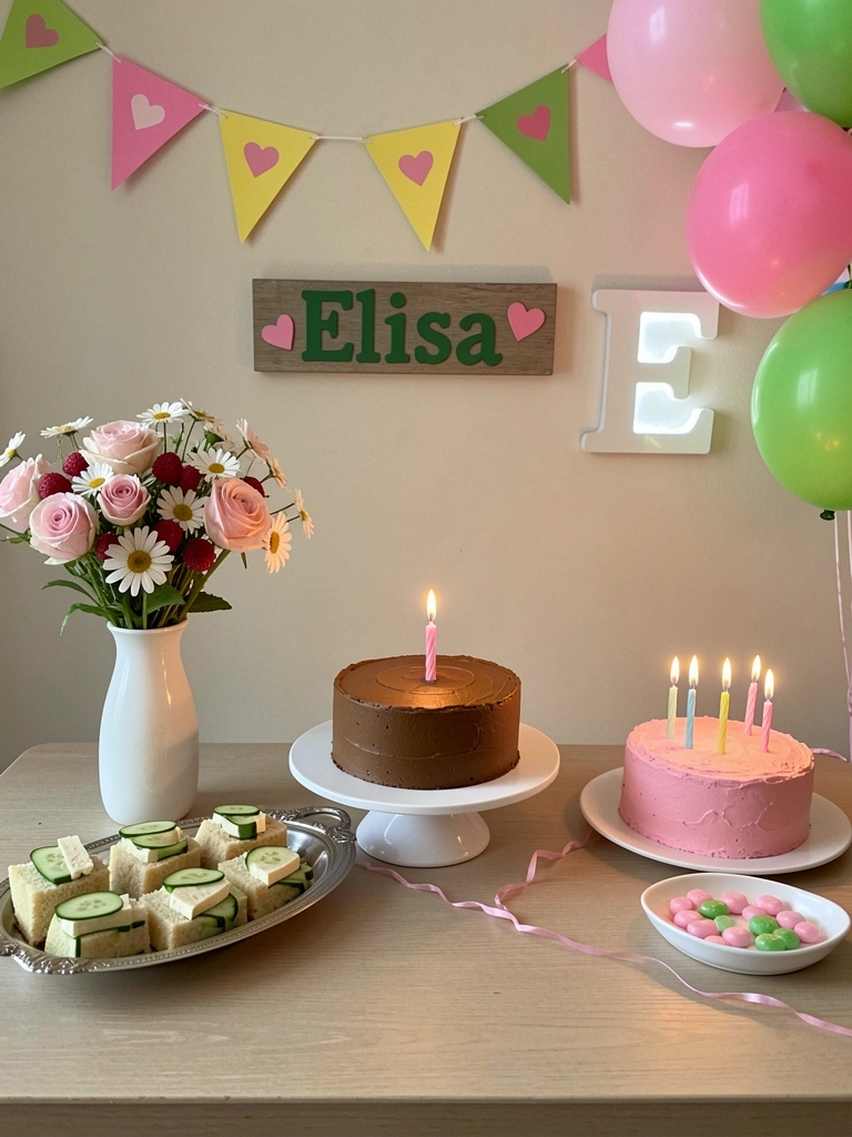Bolo de aniversário com velas acesas sobre mesa decorada com flores naturais