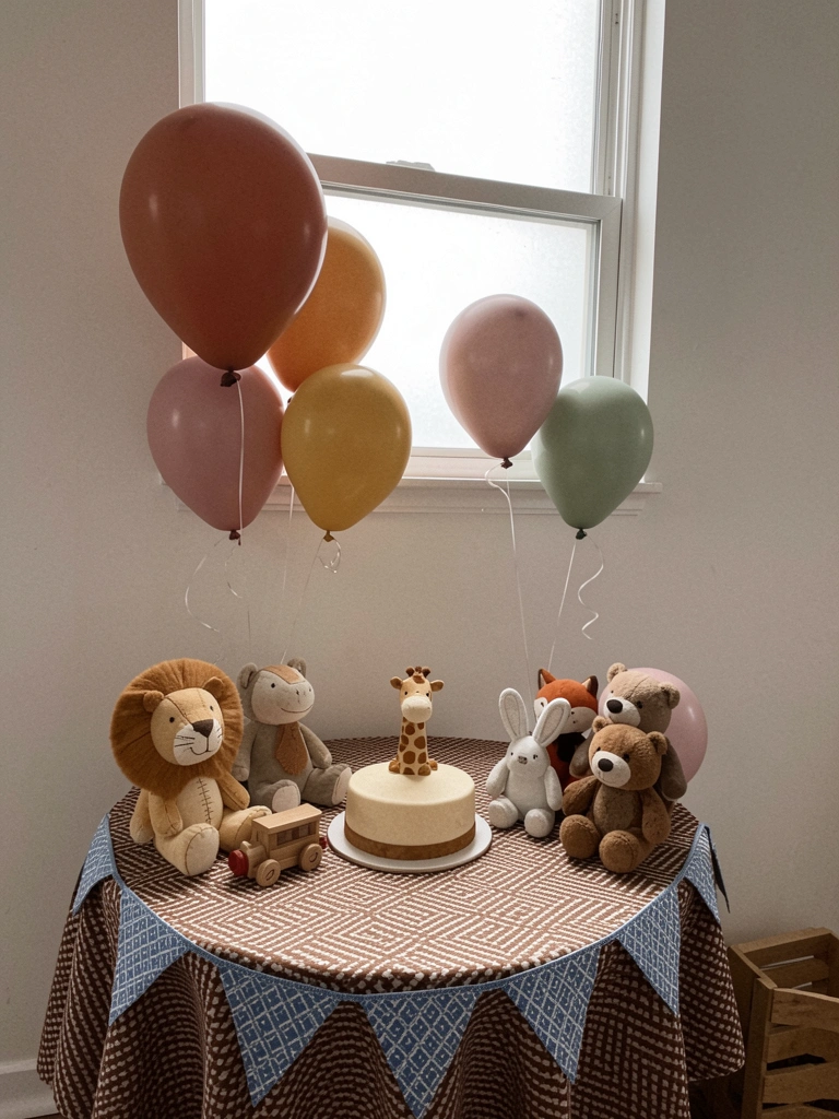 Balões e enfeites em tons terrosos sobre uma mesa de festa.
