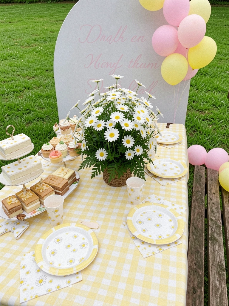 Amostras de cores com margaridas em branco, amarelo, rosa pastel e tons terrosos
