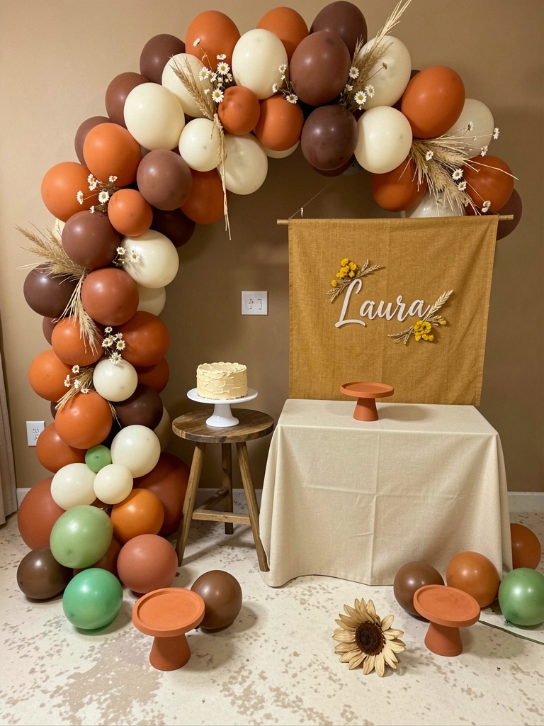 Mesa com margaridas secas em vaso de palha, fundo terracota e luz natural suave