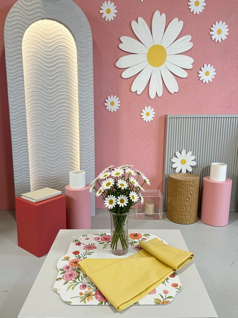 Mesa posta com sousplat floral, guardanapo amarelo e vaso de margaridas