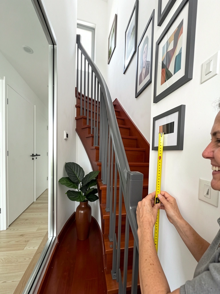 Mãos segurando trena diante de quadro pendurado na parede de escada