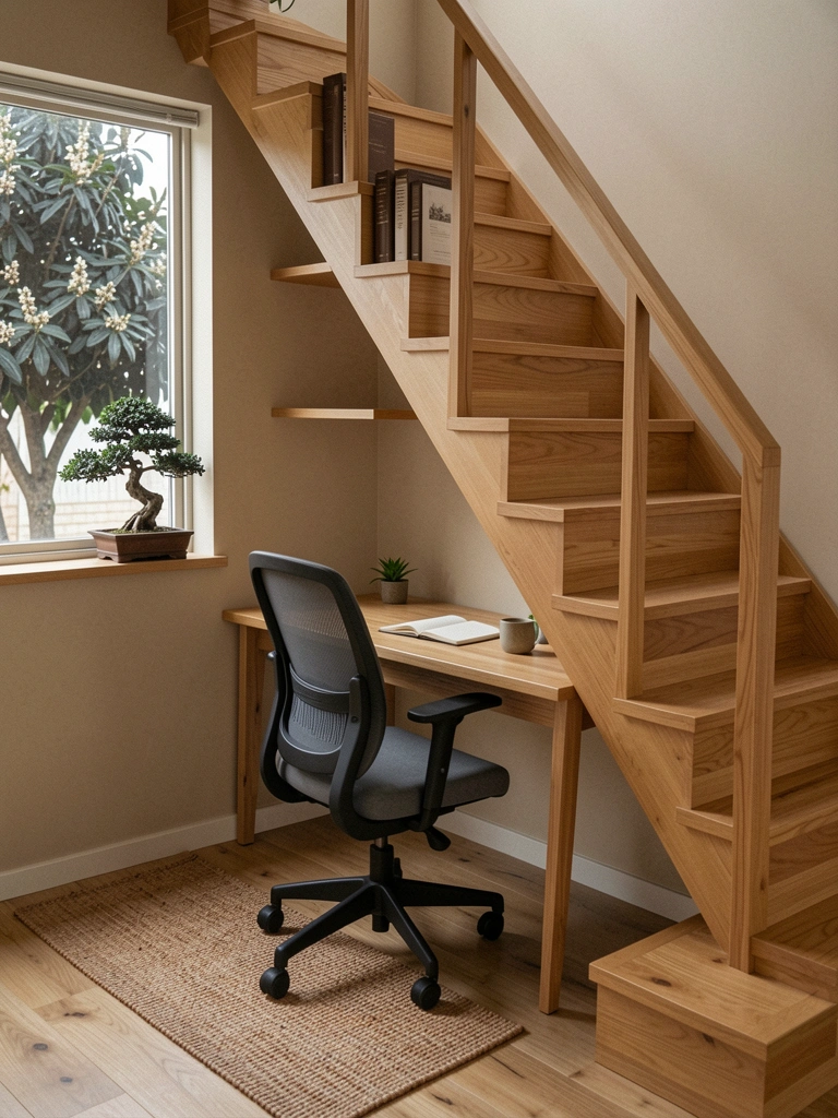 Mesa de trabalho e prateleiras embutidas sob uma escada de madeira, com cadeira ergonômica