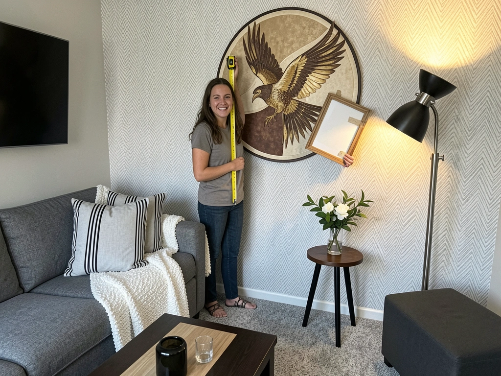 Mulher segurando trena e quadro próximo a parede clara