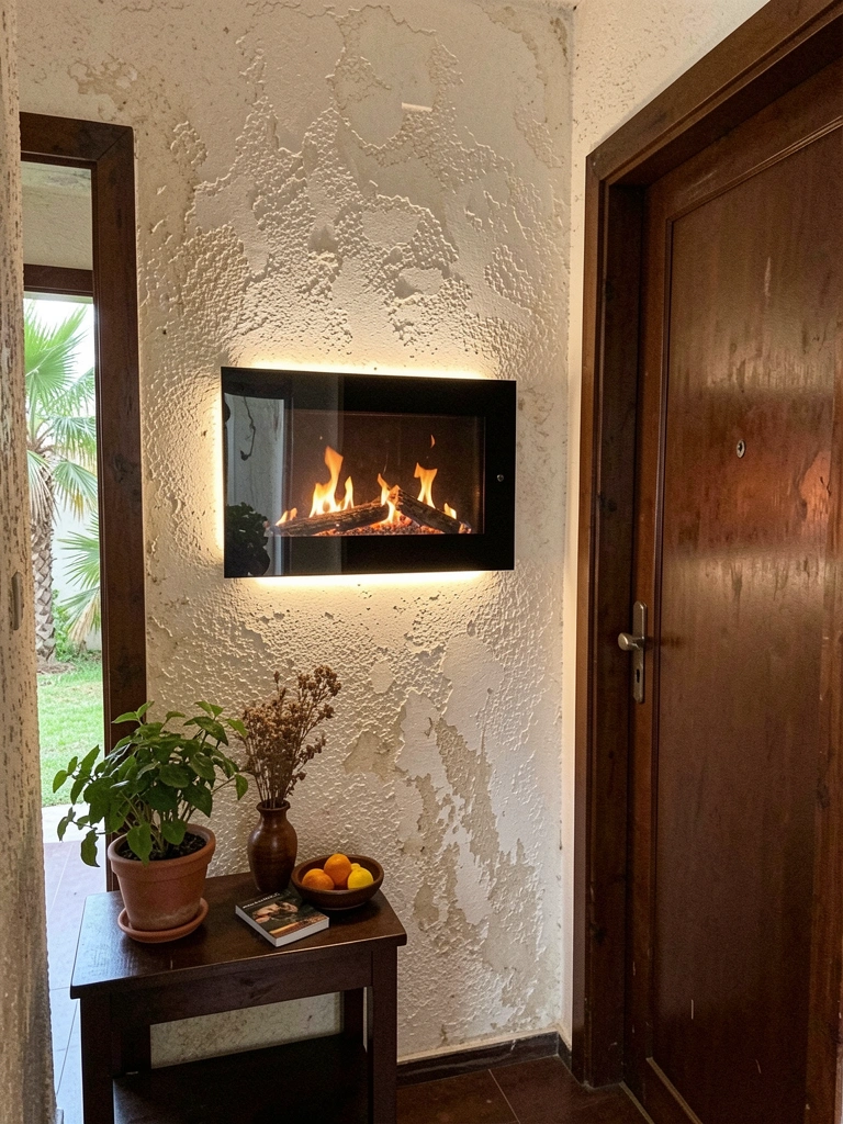 Painel de parede com fogo e iluminação LED indireta em tons quentes