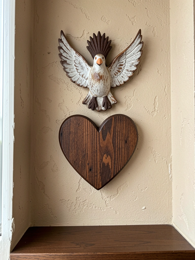 Canto de oração com parede decorada com imagem do Espírito Santo, iluminação suave e velas acesas.