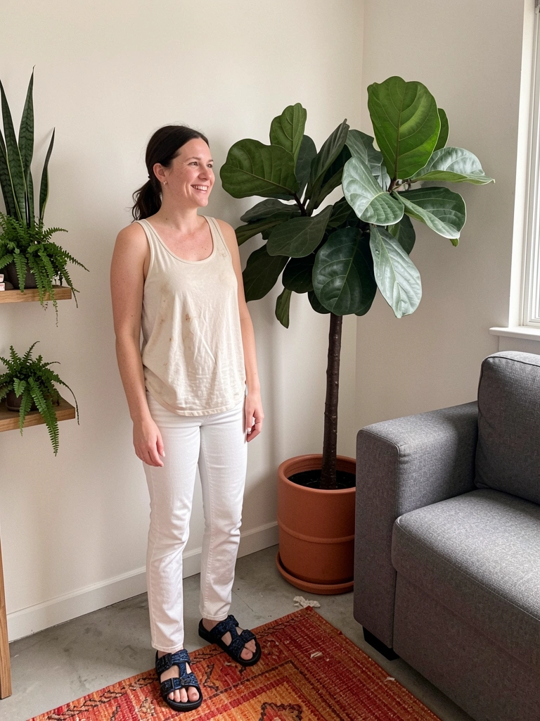 Ficus lyrata em vaso ao lado de sofá cinza, parede clara ao fundo