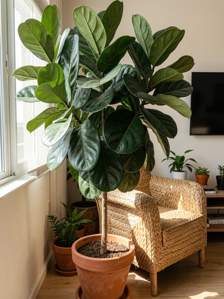 Ficus lyrata em vaso atrás de poltrona de palha, com TV ao fundo