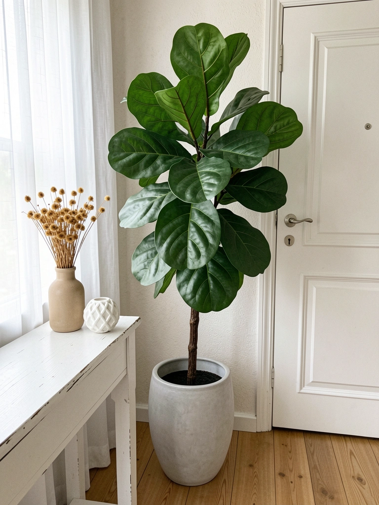 Ficus lyrata em vaso de cerâmica ao lado de janela com cortina fina, luz difusa entrando