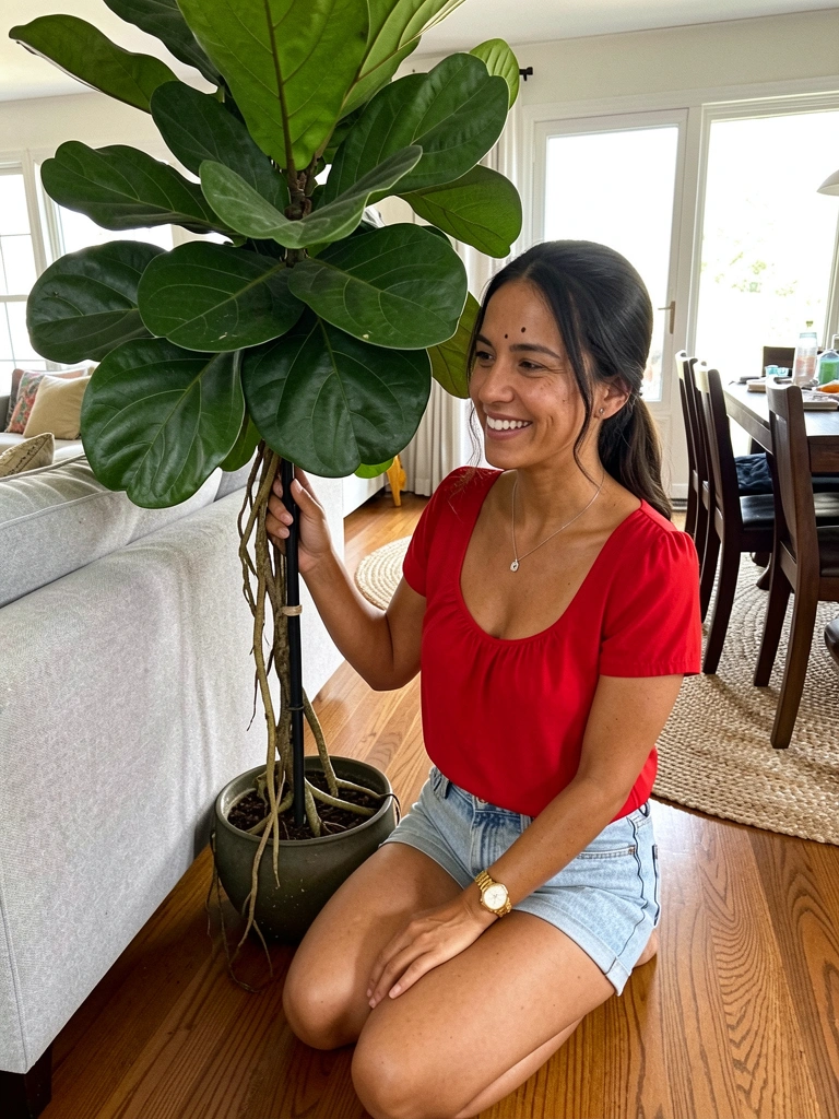 Sala de estar integrada com sofá cinza, mesa de jantar de madeira e ficus lyrata em vaso entre eles
