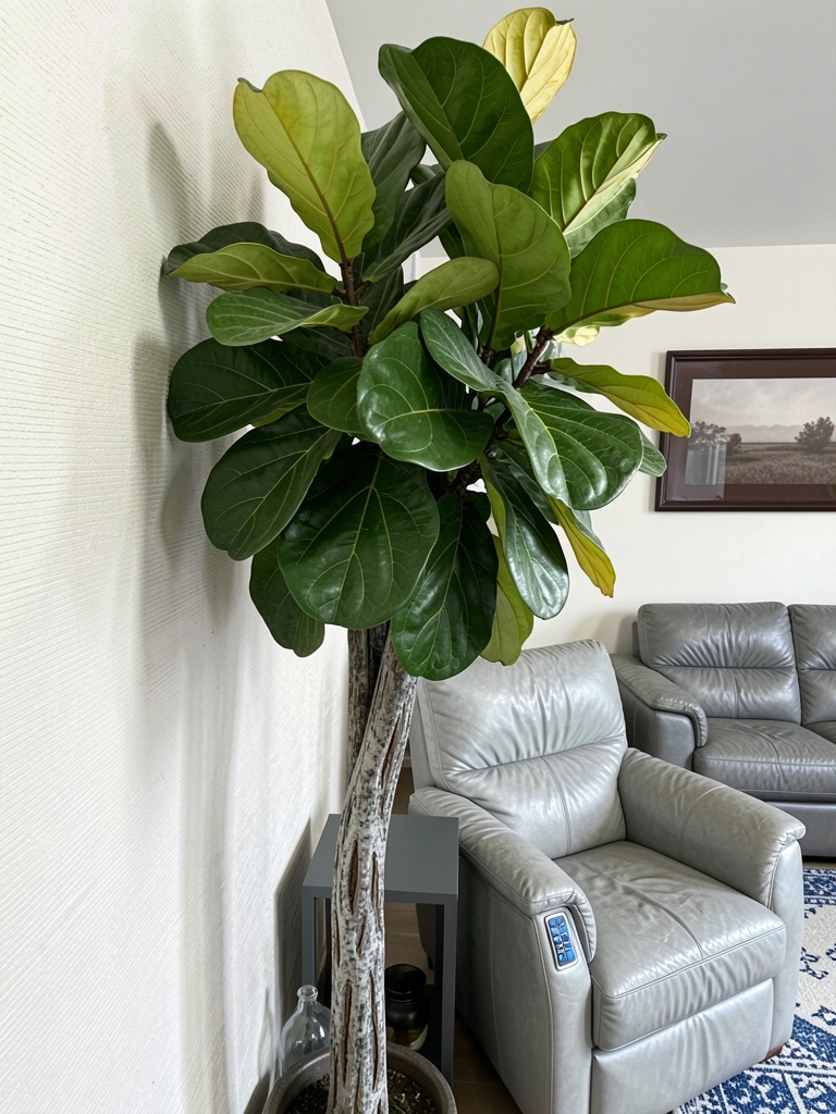 Vaso com ficus lyrata ao lado da porta de entrada de um apartamento, com parede clara e piso de madeira.