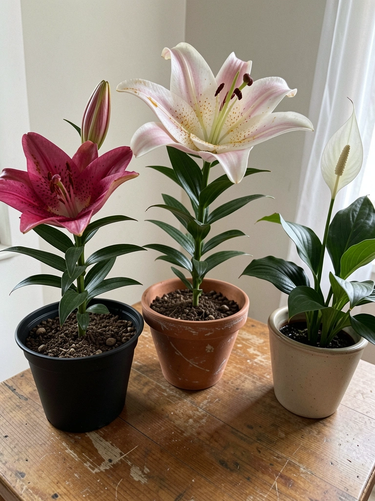 Três vasos com lírios asiático, oriental e da paz sobre mesa de madeira