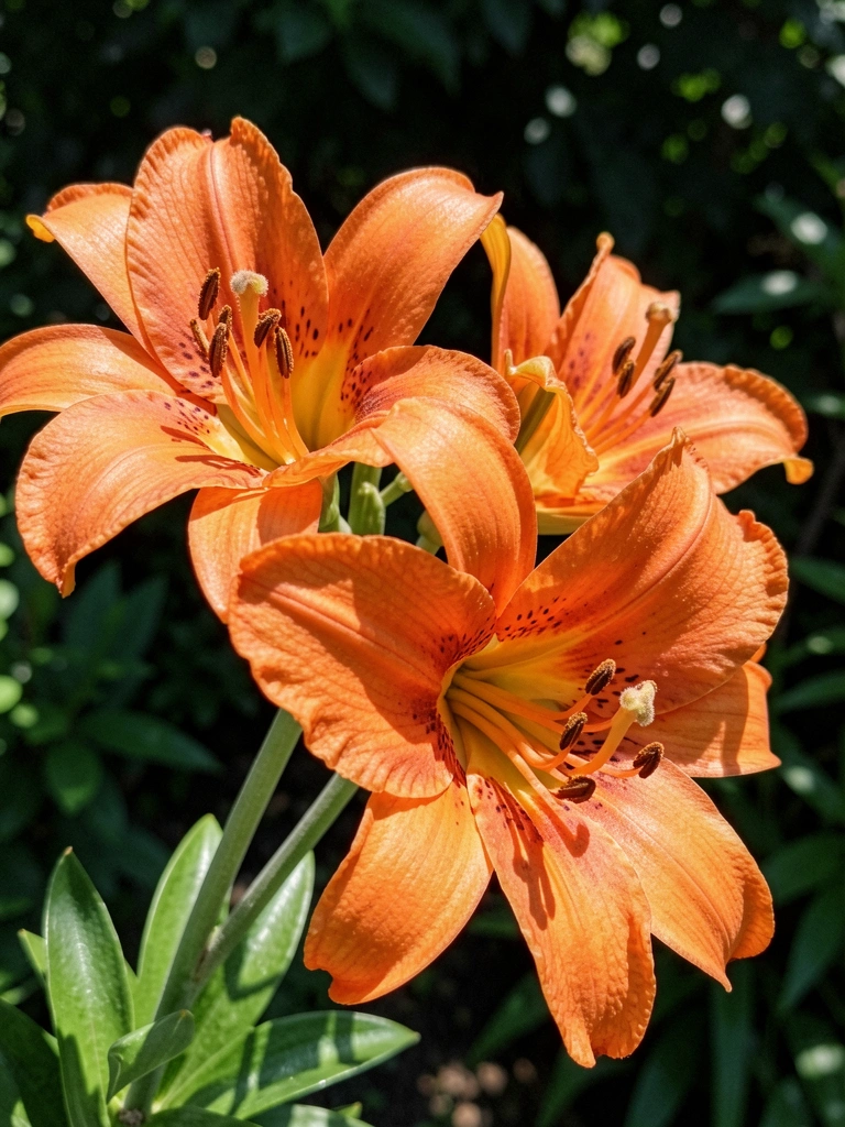 Lírio-asiático laranja com pétalas abertas em jardim ensolarado