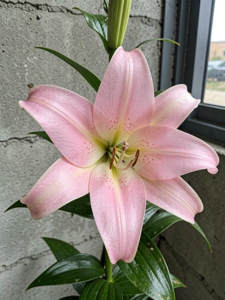 Lírio-oriental rosa com flor grande e talo alto, sob luz filtrada