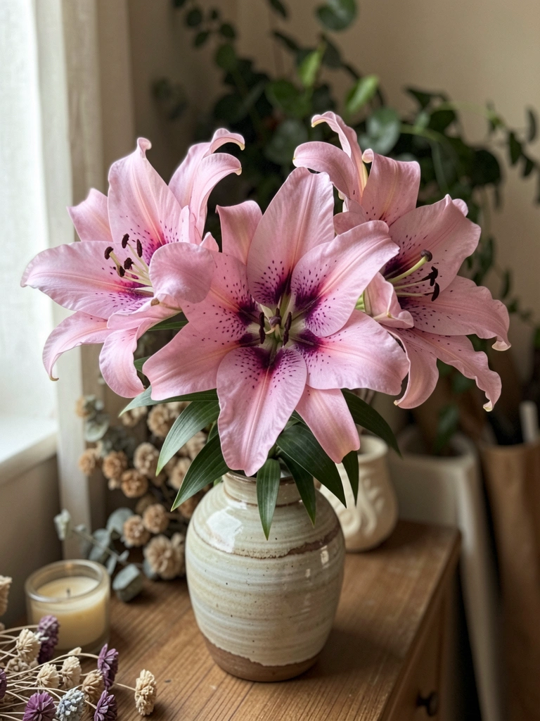 Lírios rosa em vaso de cerâmica artesanal sobre mesa de madeira clara