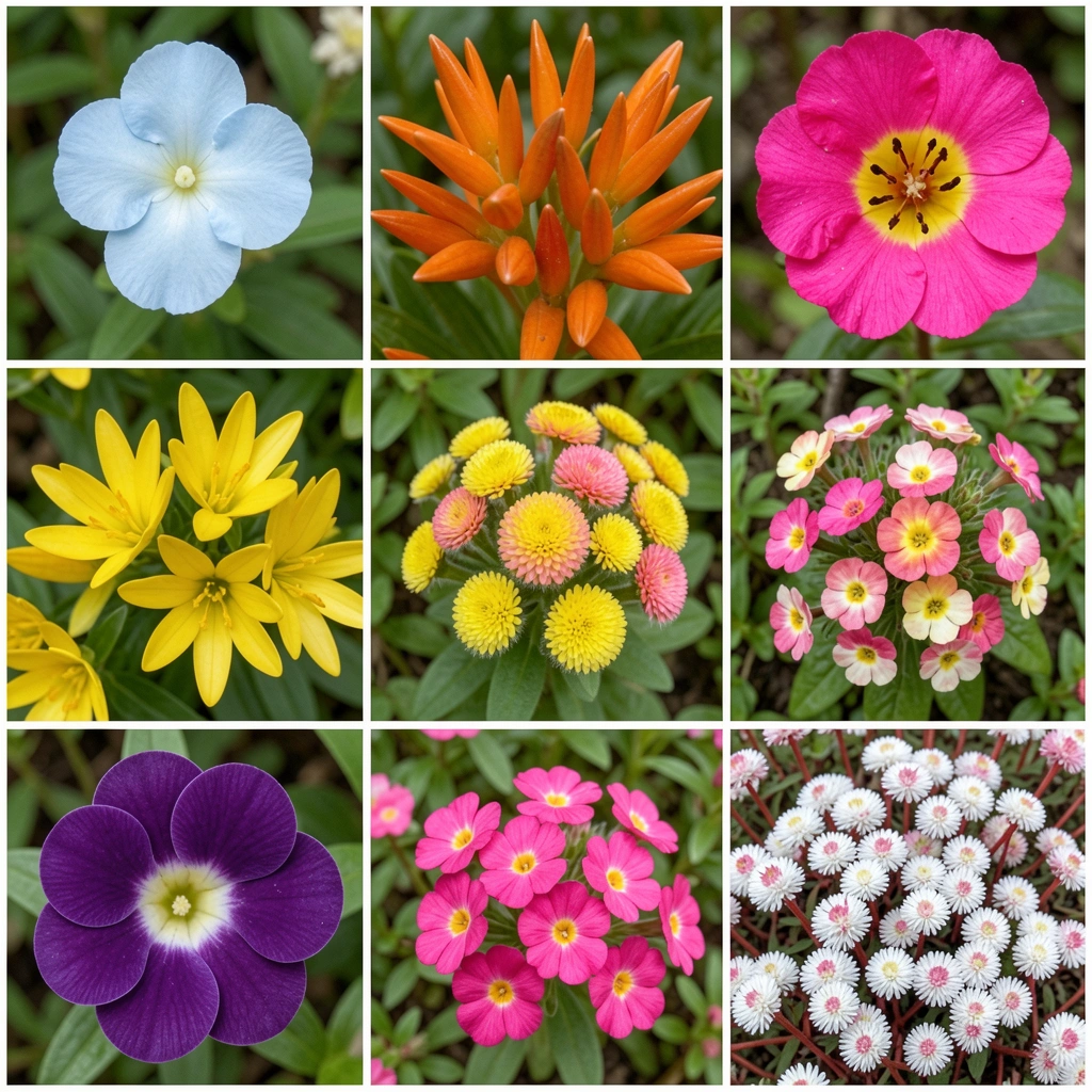 Mosaico de nove flores coloridas em tons de rosa, amarelo e branco