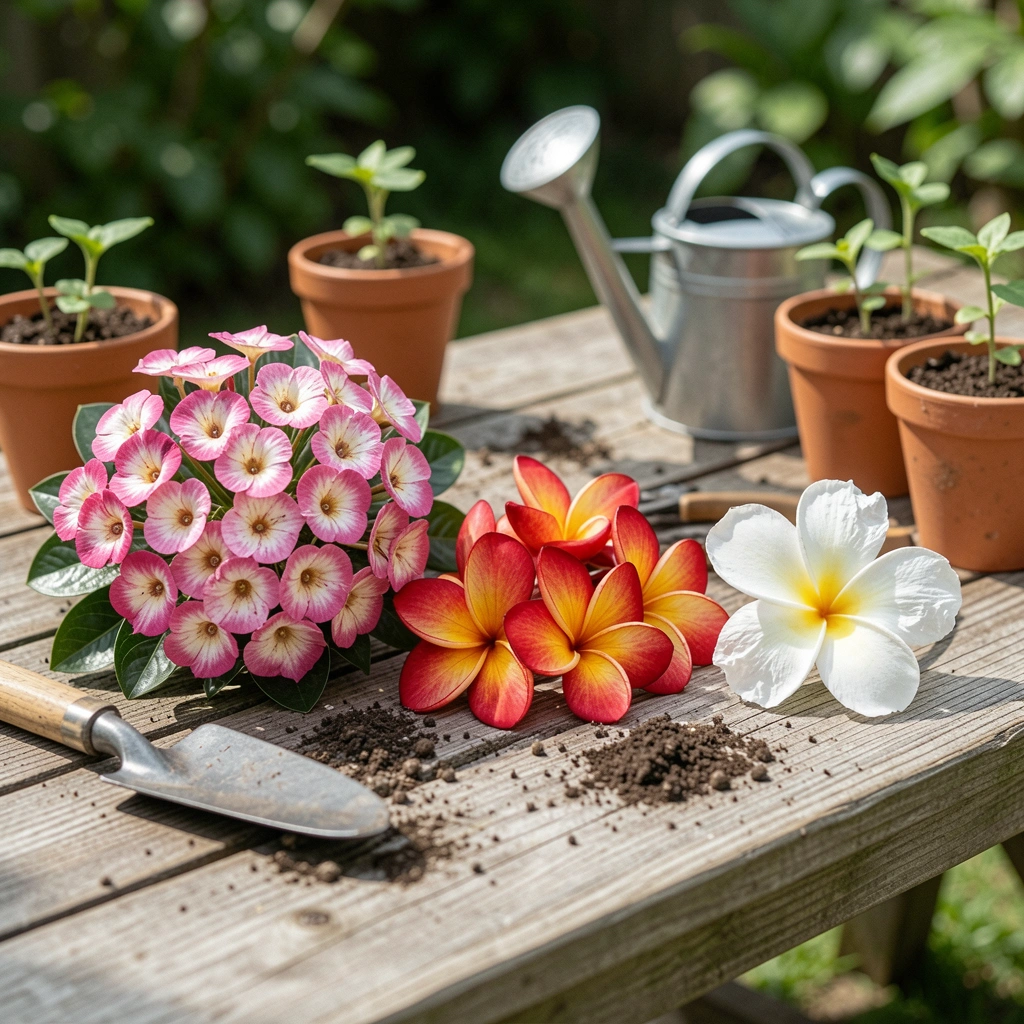 Bancada com ferramentas de jardinagem e mudas em vasos pequenos