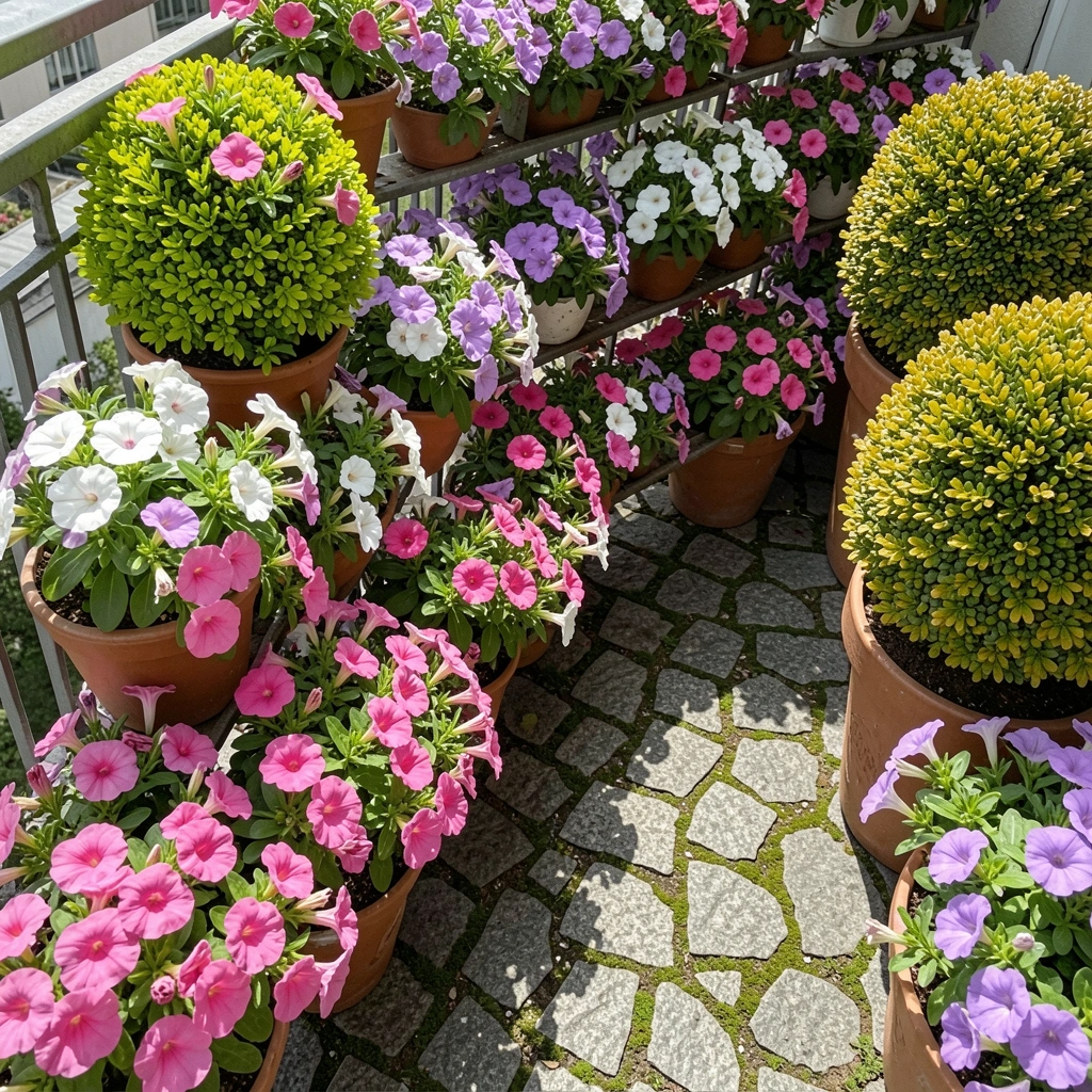 Varanda ensolarada com vasos de flores coloridas em diferentes alturas
