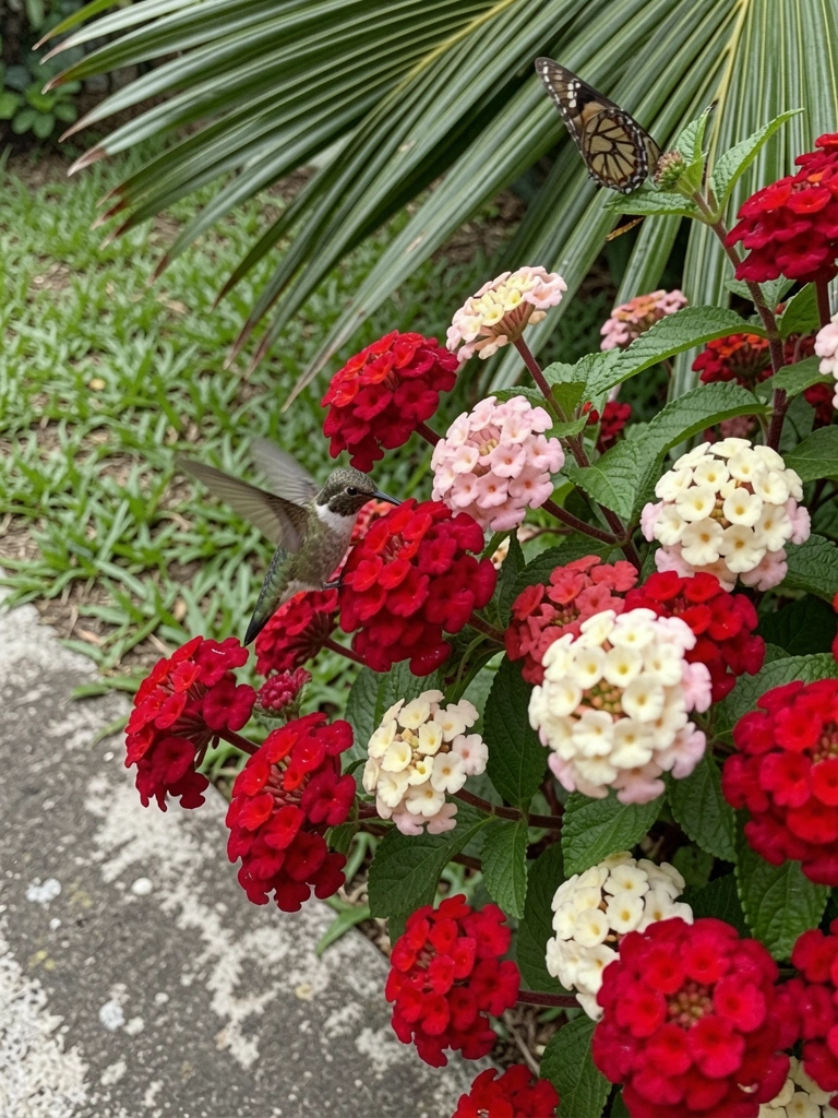 Beija-flor pairando sobre flores de lantana, com borboleta ao fundo