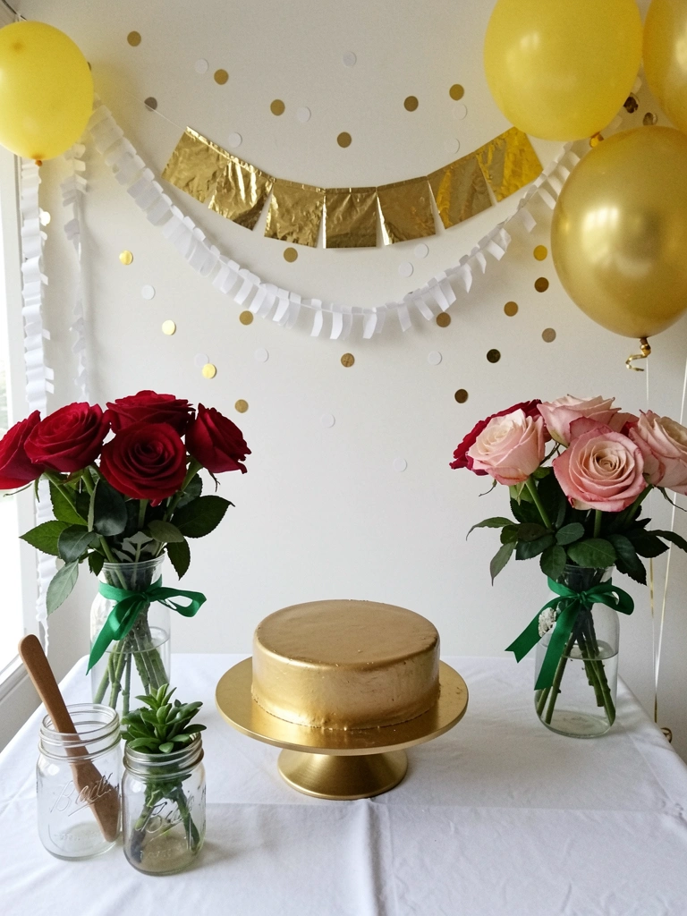 Mesa de festa com toalha branca, pratos e copos neutros, balões beges e brancos ao fundo