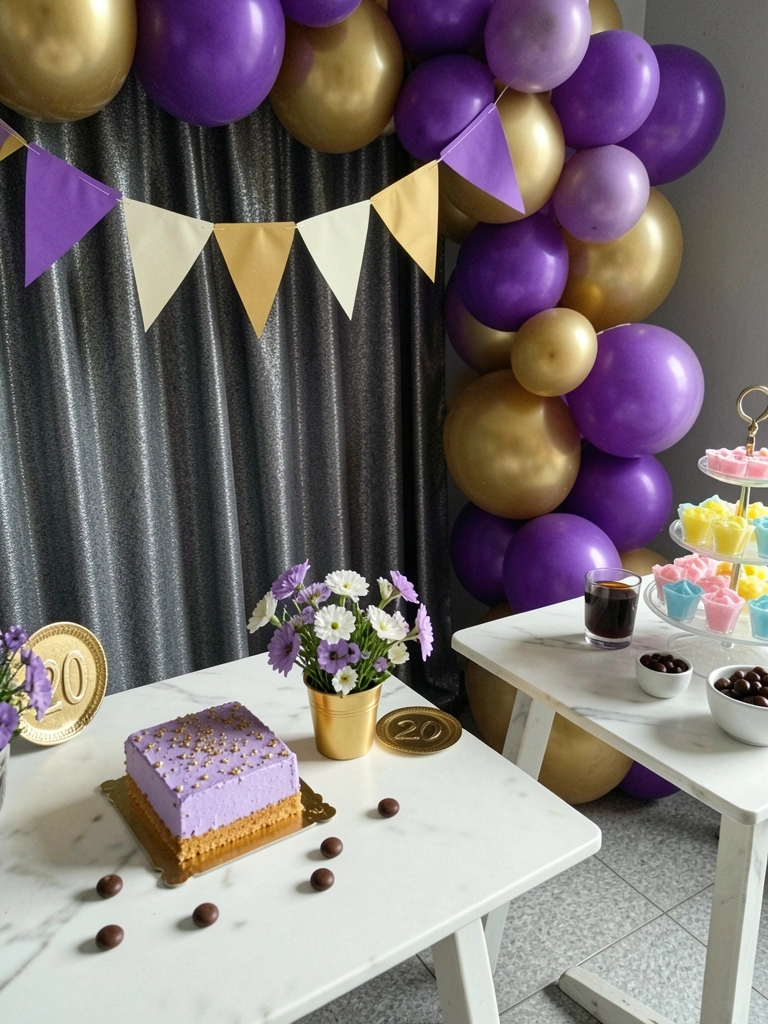 Mesa com bolo, flores e bandeirolas de papel craft