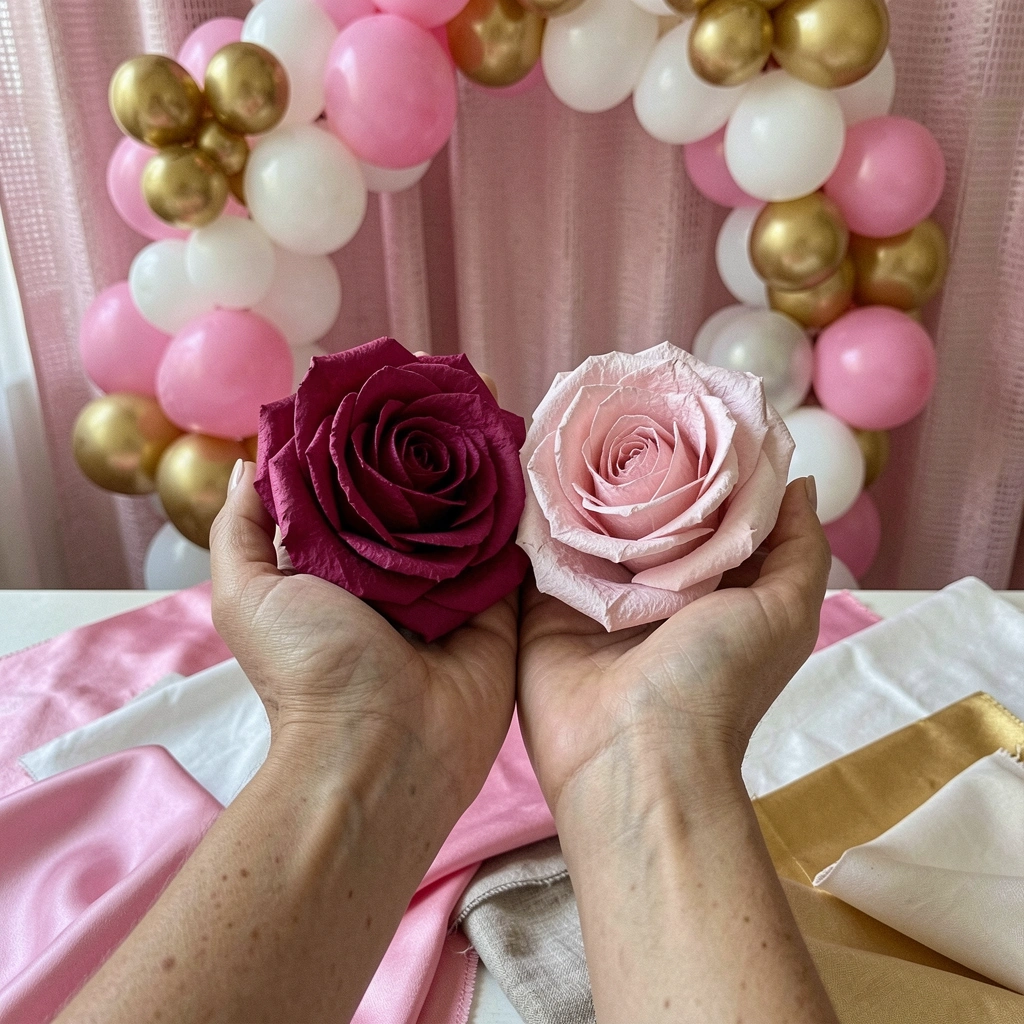 Rosas coloridas dispostas sobre amostras de tecidos em tons neutros