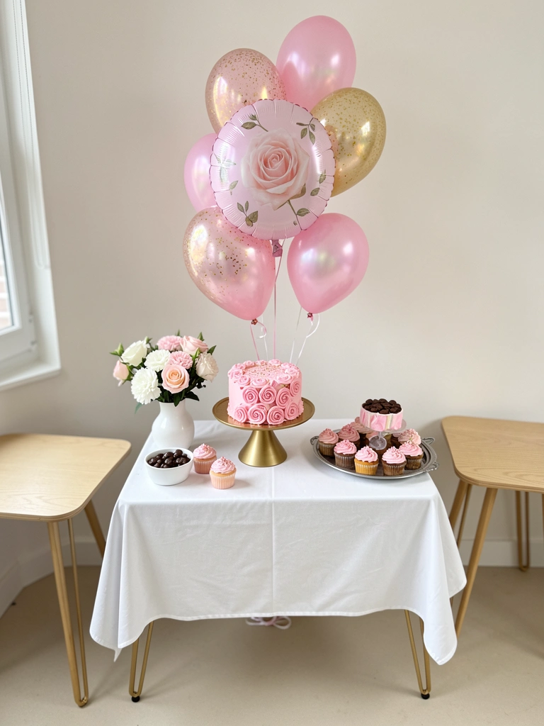 Sala compacta com mesa lateral e balões discretos em tons neutros, decoração minimalista para festa